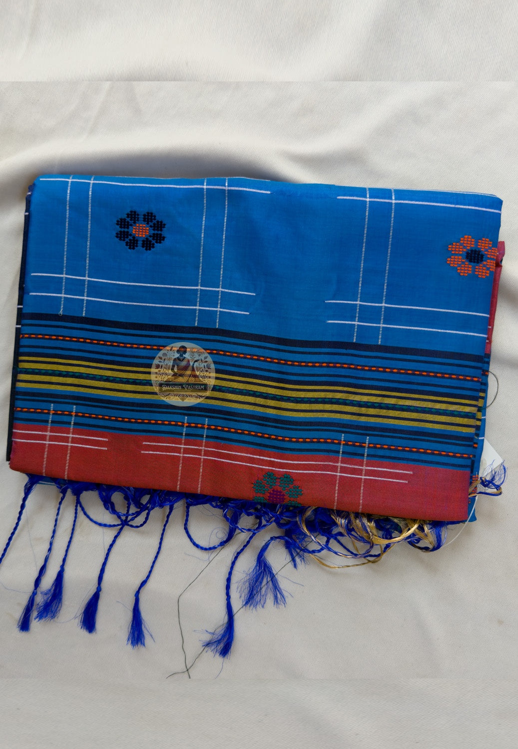 Full saree view of Bishnupur pure Katan silk handloom saree with matching blouse piece, crafted for weddings, Durga Puja and festive occasions