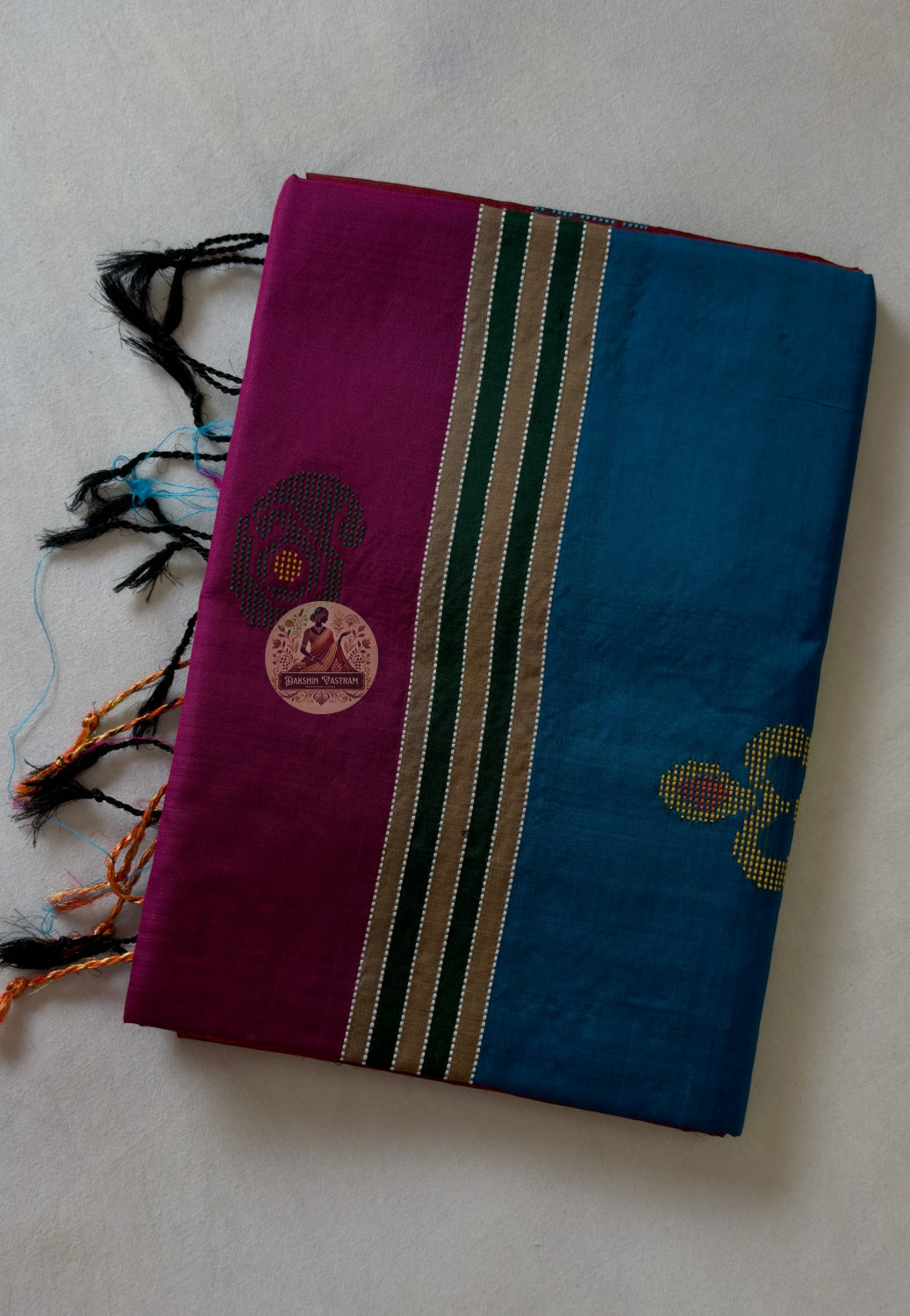 Detail shot of Bishnupur Silk Kolakhetra Saree pleats and drape, capturing the dynamic interplay of light and geometric pattern on authentic handwoven pure silk from Bengal