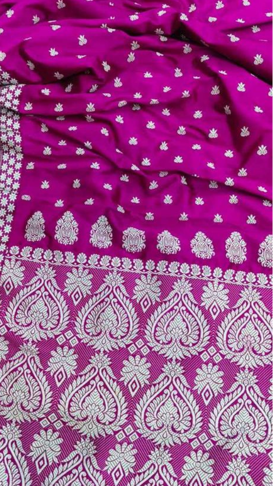 Side view of Assam Mulberry Silk Saree showing the graceful fall and weightless drape of pure handwoven silk with natural lustre catching warm light