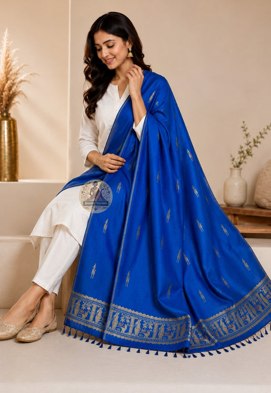 Side view of violet Baluchari pure silk stole draped elegantly – handwoven golden border with mythological motifs, ideal for festive and wedding wear