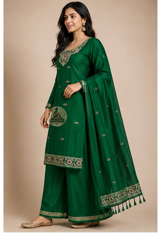 Close-up of woven Resham silk threadwork at neckline on verdant green Baluchari kurti fabric — Bishnupur artisan weave