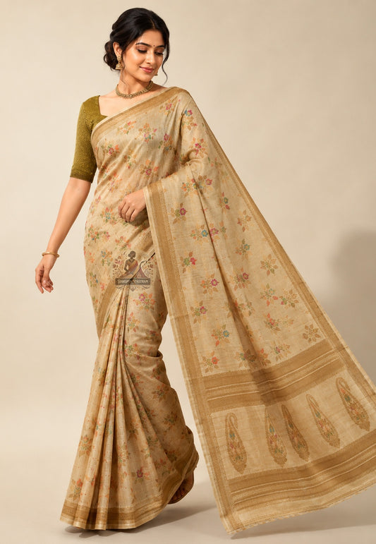 Side view of handwoven Banarasi Muga Tussar Saree showing elegant full-length drape and warm golden sheen of pure wild Muga silk