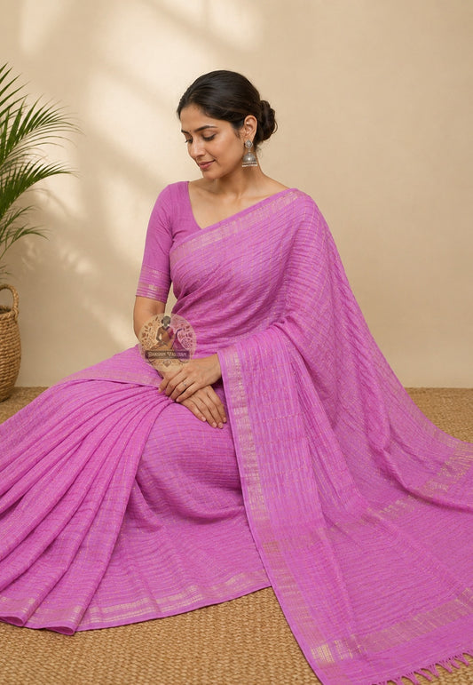 Side view of new arrival pure cotton saree showing soft handloom drape, lightweight fall, and breathable natural fabric
