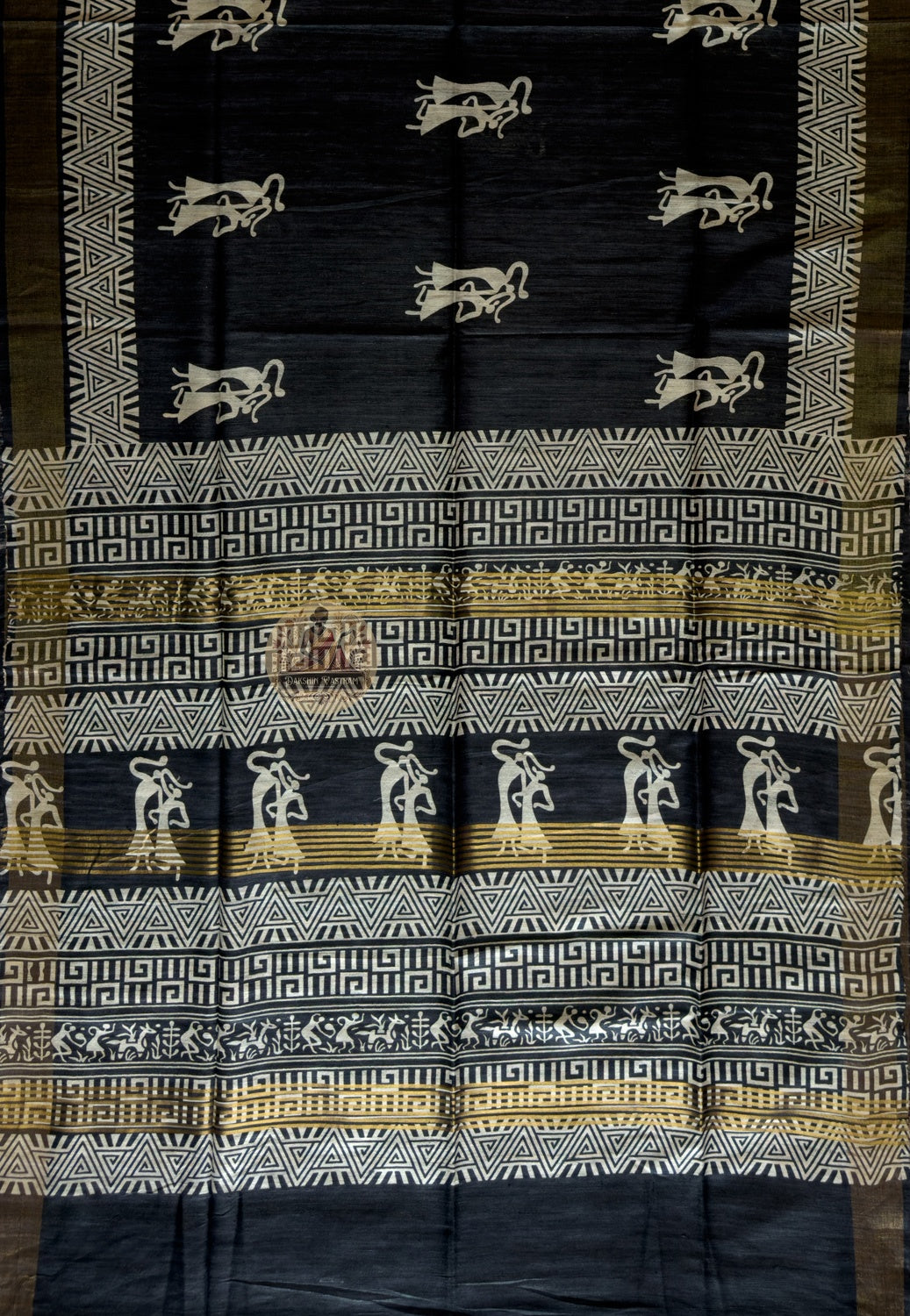 Full view of Ghicha Tussar Silk Saree laid flat showcasing complete handwoven wild Tussar fabric in natural warm tone, a one-of-a-kind saree for Chhath Puja, Durga Puja and every story worth telling