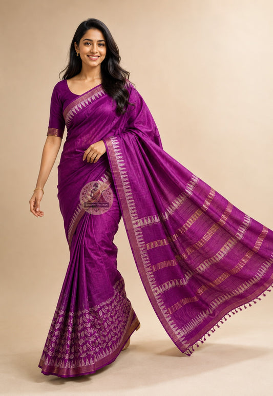 Side view of handwoven Ghicha Tussar Silk Saree showing fluid confident drape and wild silk fall, ideal for Diwali lakshmi puja in Bhopal and Navratri kanya puja gatherings in Delhi