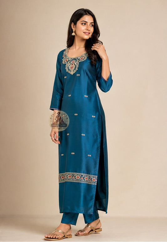 Close-up of intricate Resham silk thread embroidery on Peacock Green Baluchari kurti fabric neckline – Dakshin Vastram