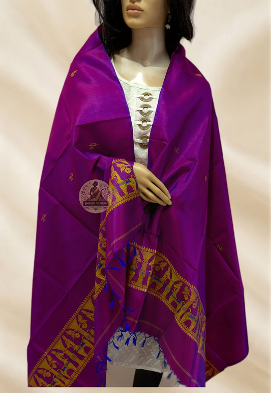 Full-length view of Baluchari handwoven silk stole draped elegantly over traditional Indian outfit – UK delivery