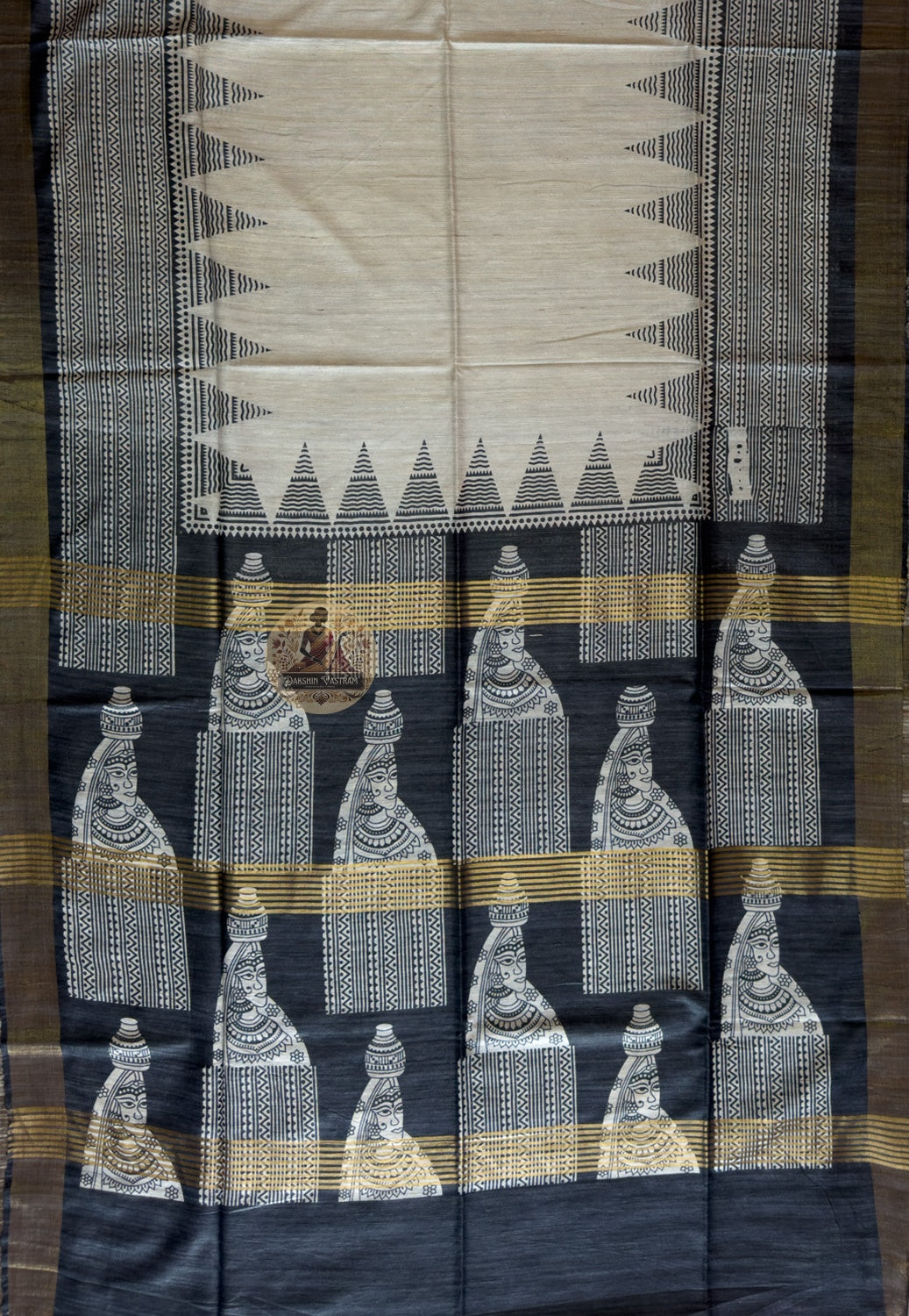Full view of Ghicha Tussar Silk Saree laid flat showcasing complete handwoven raw silk fabric in natural tone, a timeless choice for sister's mehendi in Surat and Indian festive wear