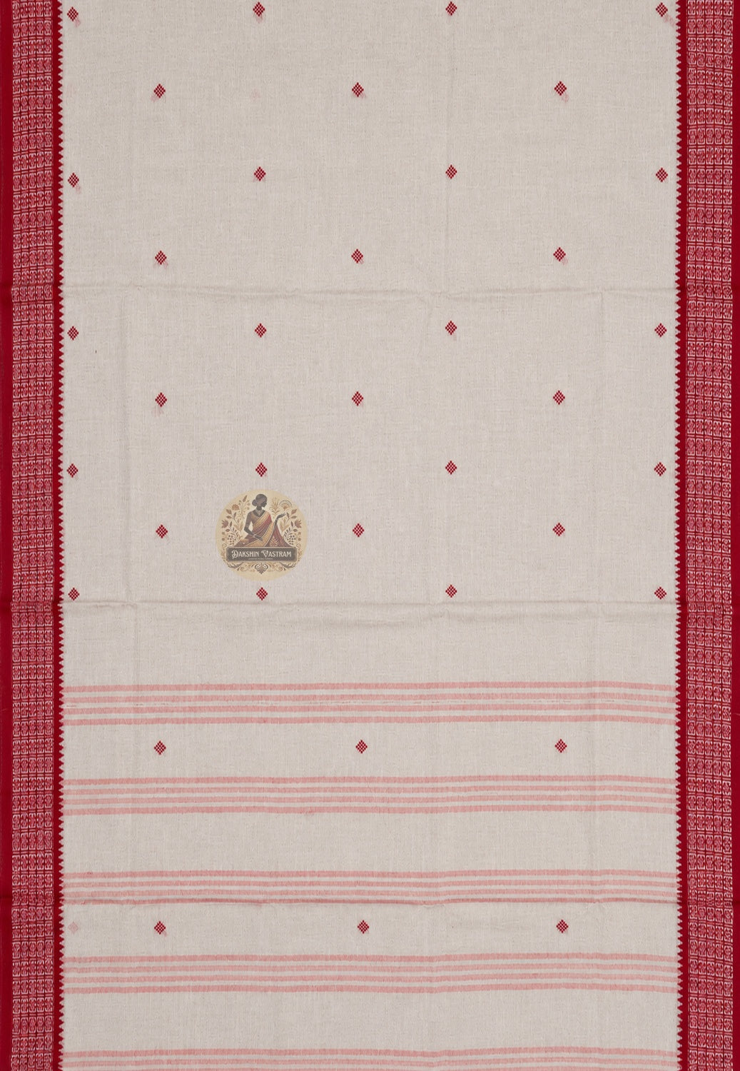Full length view of pure cotton handloom saree without blouse, displaying complete body, border, and pallu as a wardrobe essential