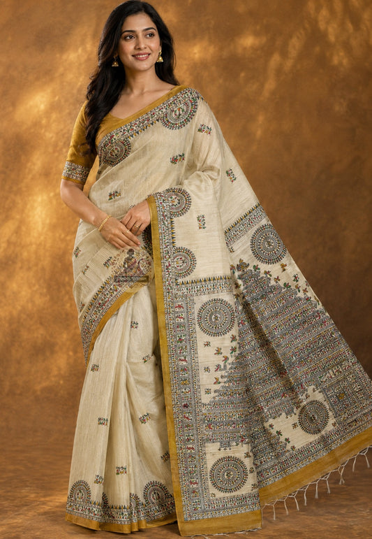 Side view of Ghicha Tussar Silk Saree showing the lightweight yet substantial drape and natural fall, perfect for Durga Puja, Bengali weddings and festive occasions