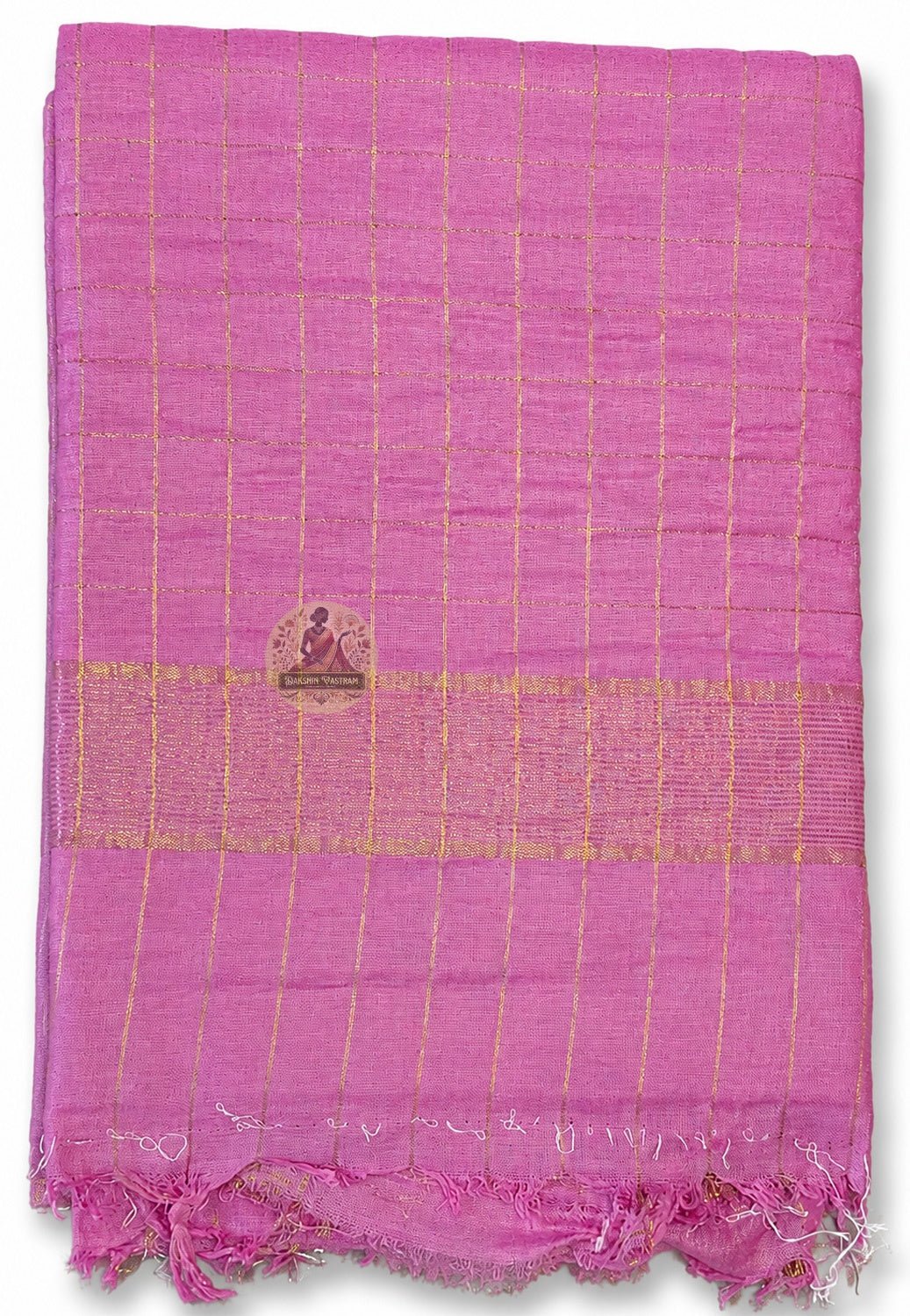 Full length view of new arrival pure cotton handloom saree without blouse, displaying complete body, border, and pallu for Durga Puja 2026