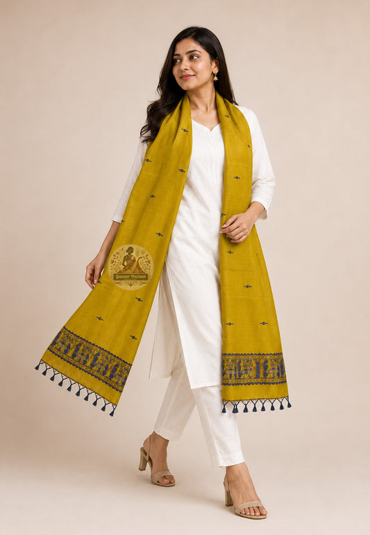 Side view of mustard yellow Baluchari pure silk stole in motion – handwoven indigo border with narrative motifs and black silk tassels, festive ethnic wear – Dakshin Vastram
