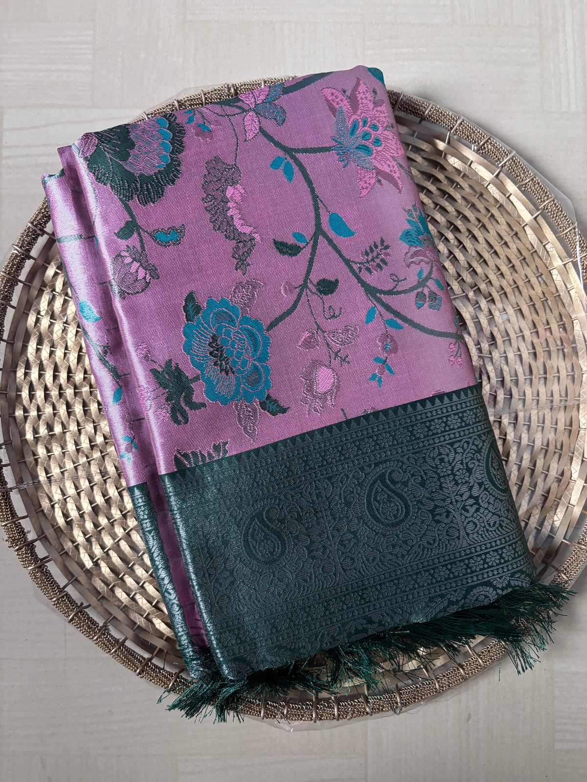 Buy Tissue Silk Saree online – Lavender Teal Saree front view