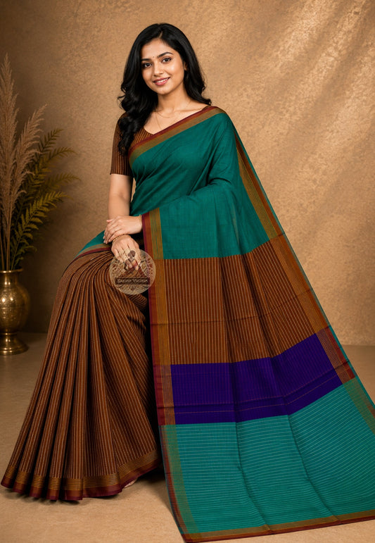 Side view of Bishnupur Katan Silk Saree showing the graceful authoritative fall and natural sheen of pure handwoven Katan silk with traditional Bengali motifs along the border