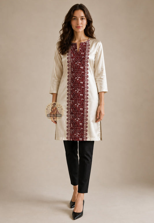 Front view of woman wearing anarkali kurti tailored from Baluchari Silk Block Print Piece sangeet evening Indian wedding