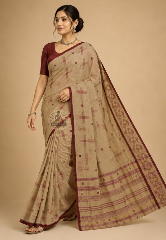 Side view of sustainable pure cotton handloom saree showing natural drape, soft fall, and the quiet beauty of ethical Indian weaving