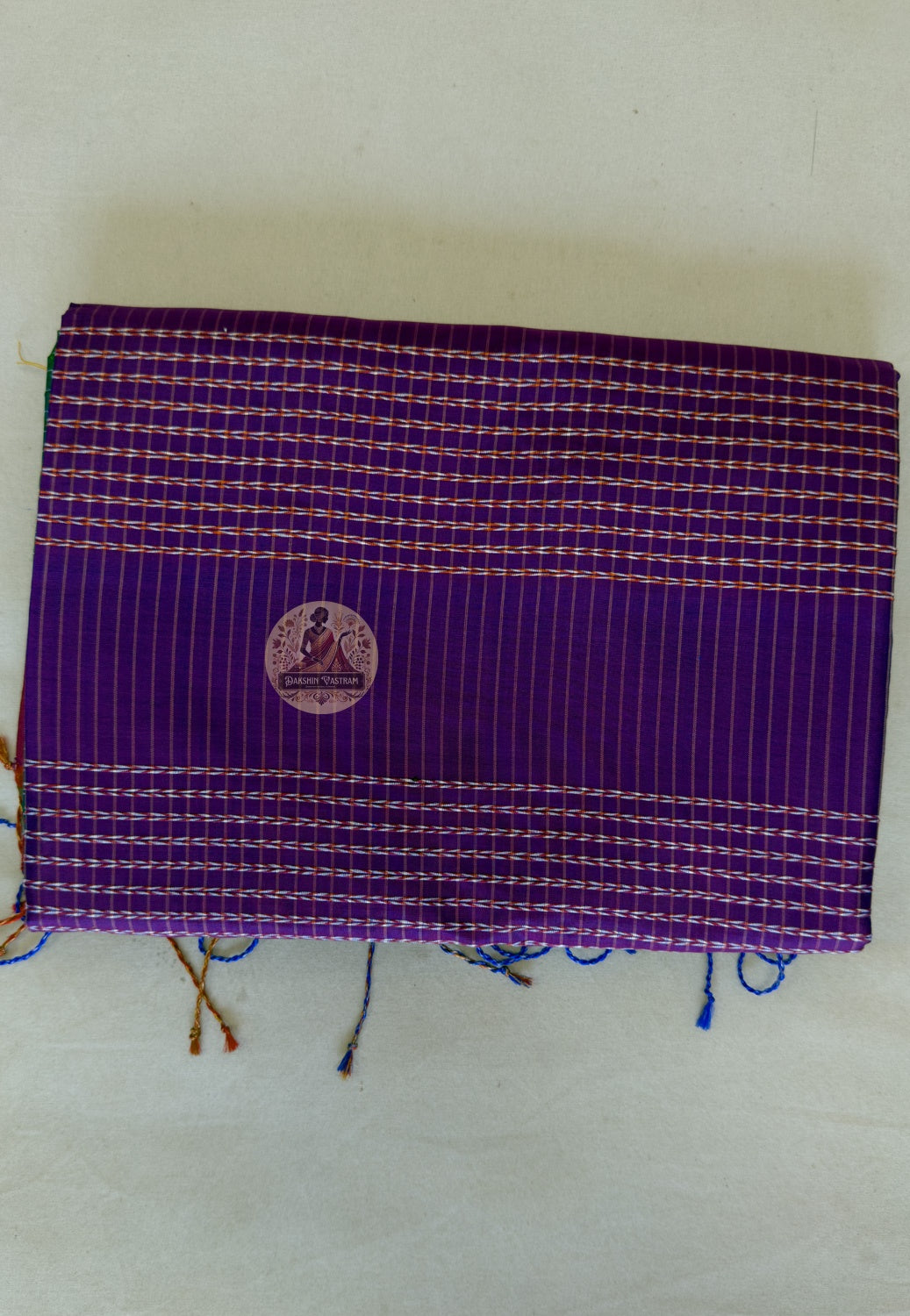 Folded Bishnupuri handwoven pure katan silk saree – rich natural silk lustre and traditional Bengal woven border, ethically sourced artisan saree by Dakshin Vastram