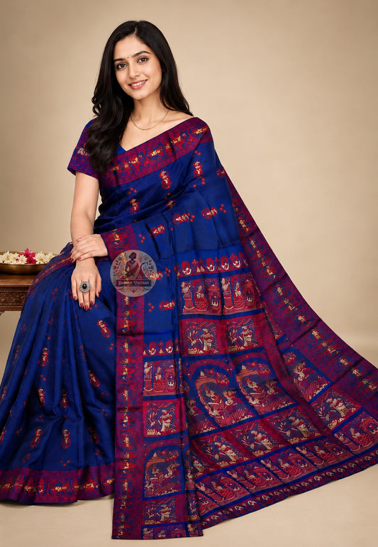 Rear view of Baluchari Silk Saree displaying richly handwoven pallu with scenes from Indian mythology — Mahabharata and Ramayana motifs woven in silk on traditional Bengal loom