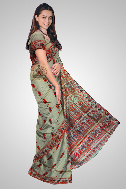 Buy Baluchari Pure Silk Saree online – Front view with mythological pallu detail