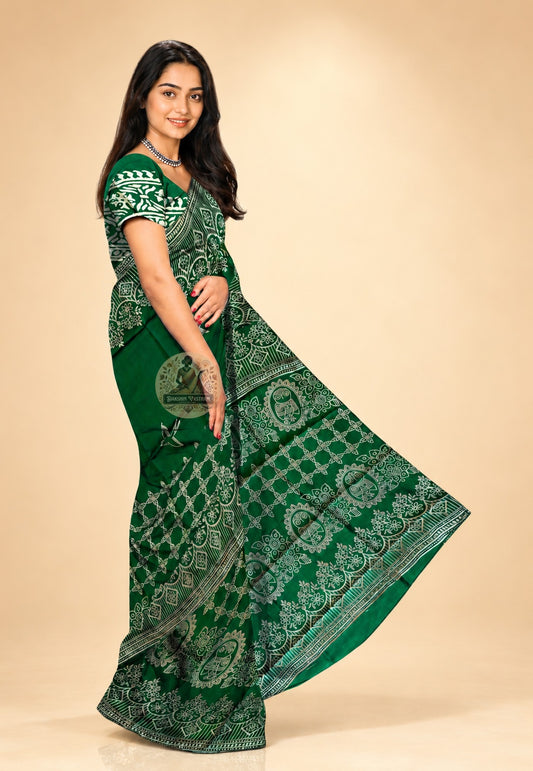 Bishnupur hand block print silk saree side view – pure silk drape with natural luminosity, perfect for Indian weddings and cultural galas in USA