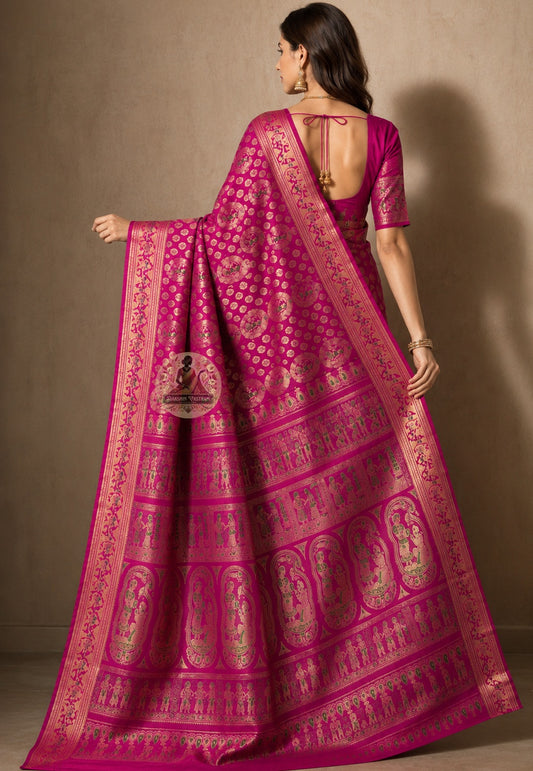 Front view of woman wearing Swarnachari Silk Saree with dupion blouse wedding anniversary milestone gifting occasion Kolkata