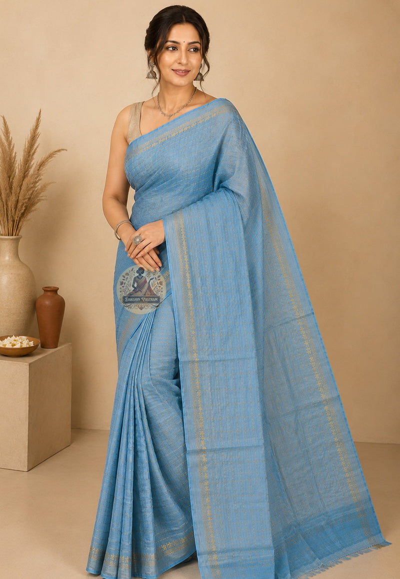 Front view of pure cotton zari saree without blouse piece, showcasing handloom weave and zari border for Durga Puja and festive occasions