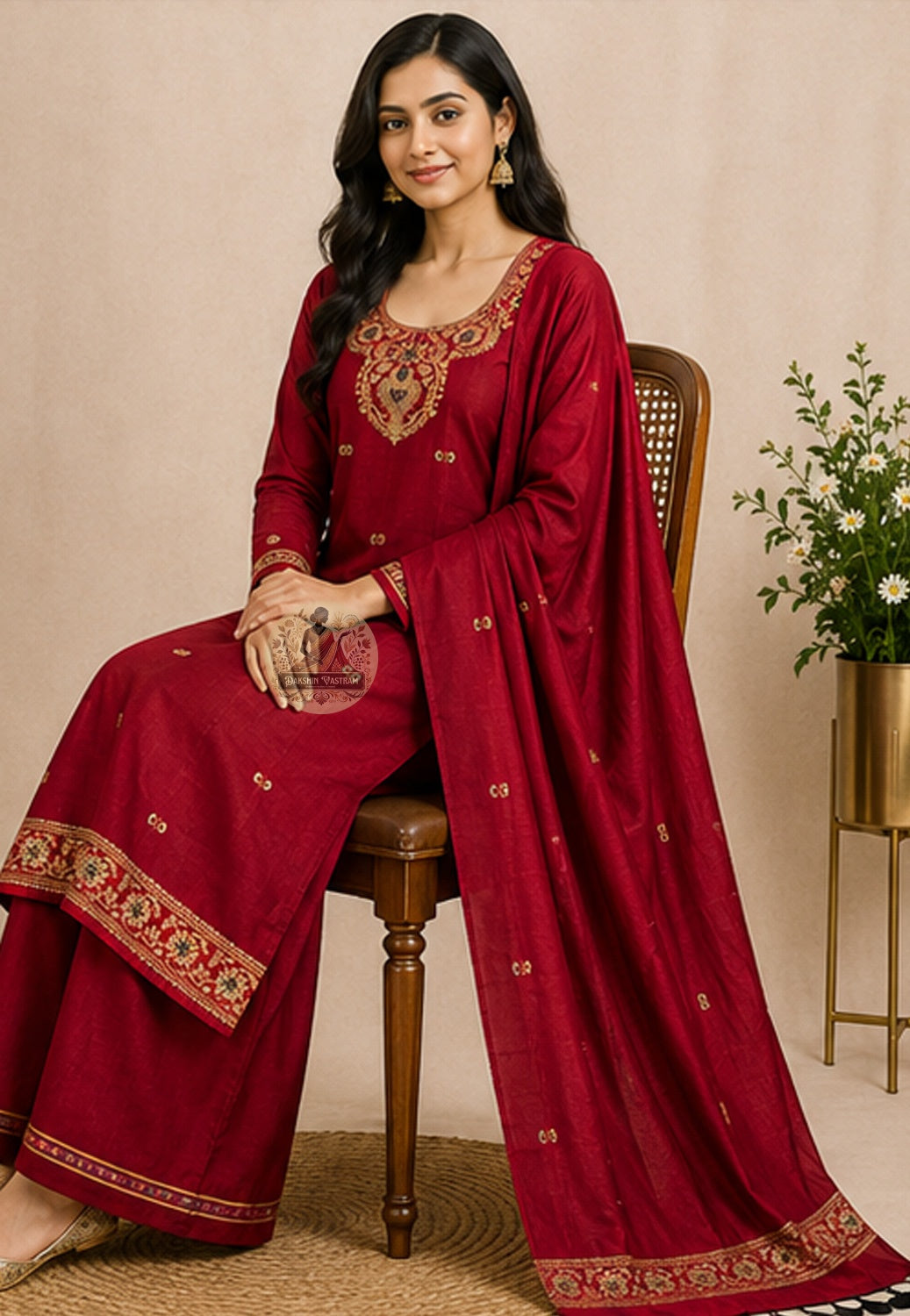 Full drape view of rich red Baluchari silk kurti fabric showing natural lustre and woven heritage border motifs