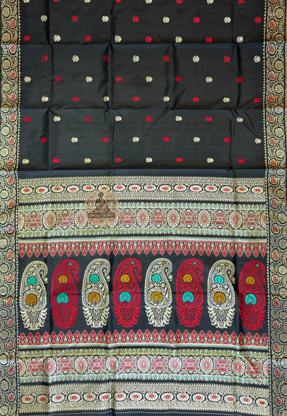Close-up of finest handwoven Bishnupur Baluchari pallu showing highly intricate mythological figures, royal court scenes and narrative motifs woven thread by thread in pure silk — not printed or embroidered