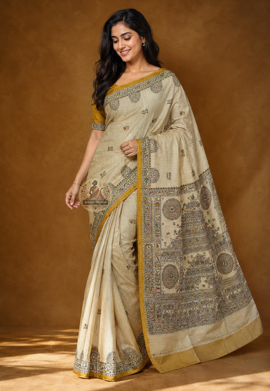 Front view of Ghicha Tussar Silk Saree draped on model, showcasing the distinctive slubbed texture and natural golden-beige warmth of handwoven Tussar silk