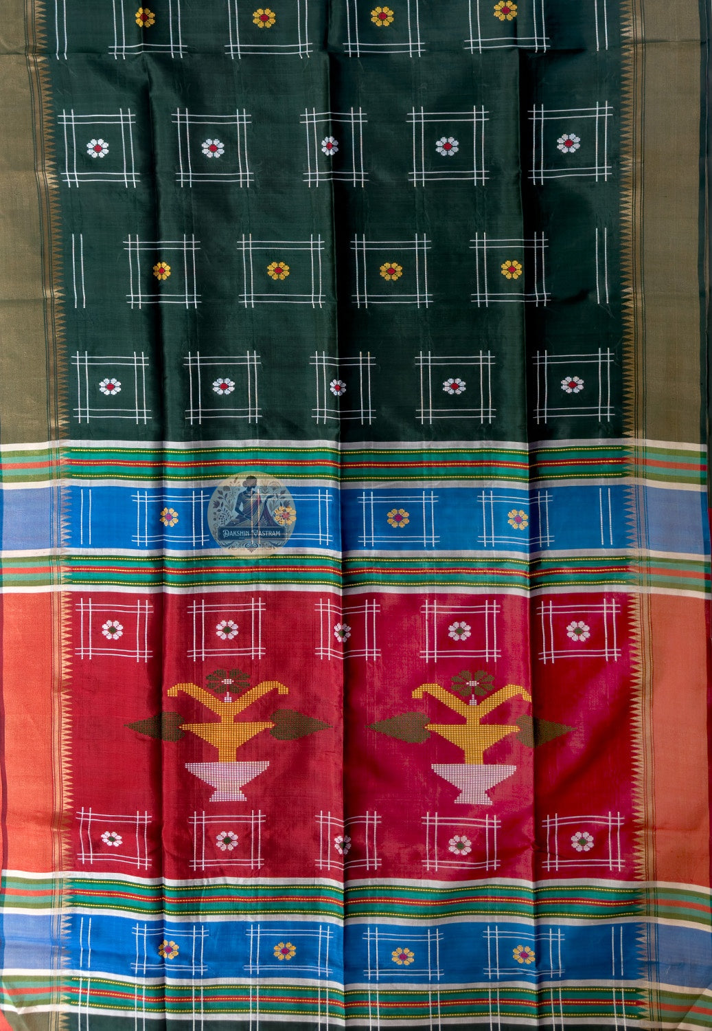 Close-up of Bishnupur Katan silk saree weave showing tightly woven pure silk texture and traditional Bengal buti motifs formed directly in the weave