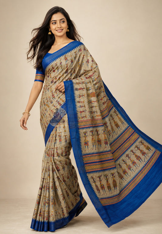 Side view of handwoven Ghicha Tussar Silk Saree showing generous drape and forgiving fall, lightweight wild silk ideal for Garba nights in Baroda and long wedding shaadi celebrations in Kanpur
