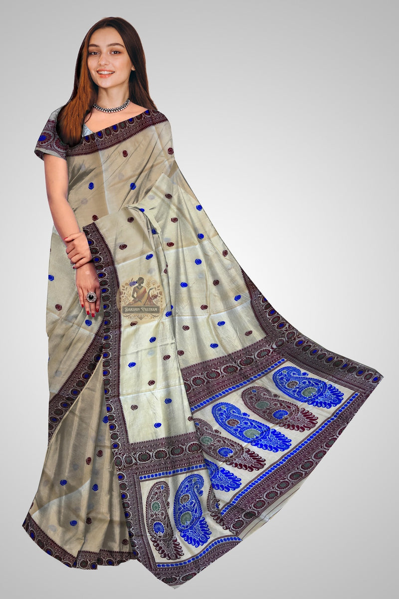 Handwoven Baluchari silk saree in deep crimson with gold zari Ramayana figures on ornate contrast pallu