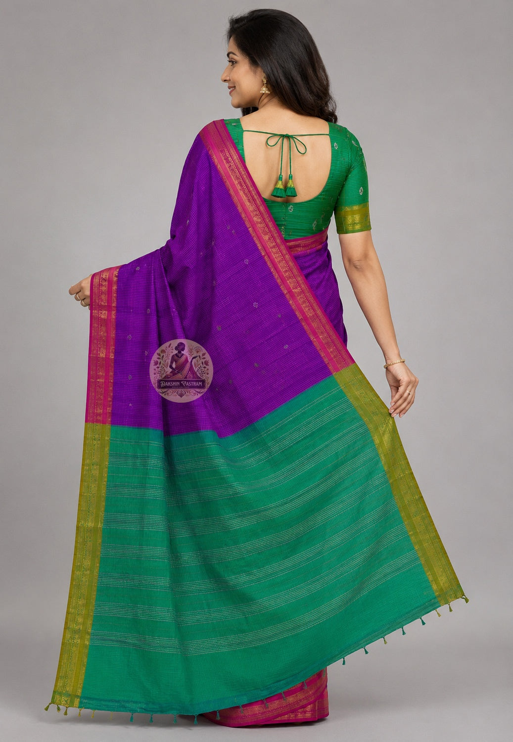Rear view of Bishnupuri handwoven katan silk saree – graceful back drape with rich traditional woven Bengal border, heritage artisan saree for festive and bridal occasions