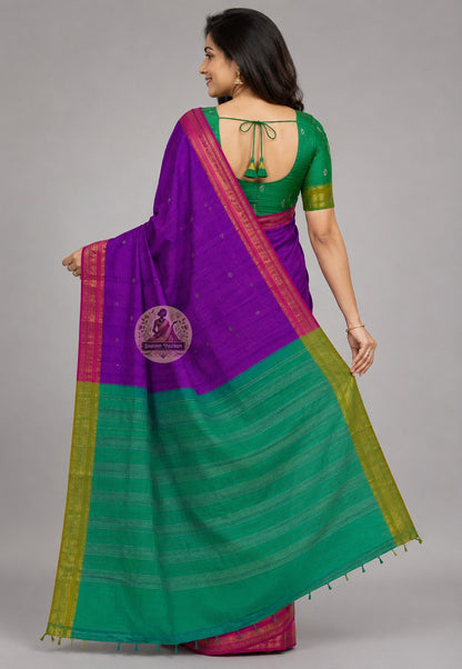 Rear view of Bishnupuri handwoven katan silk saree – graceful back drape with rich traditional woven Bengal border, heritage artisan saree for festive and bridal occasions