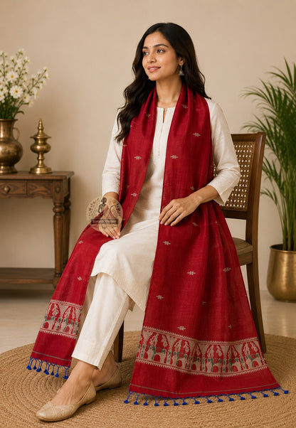 Seated view of crimson red Baluchari pure silk stole – richly woven narrative border with court figures under arched pavilions and royal blue silk tassels, festive ethnic wear
