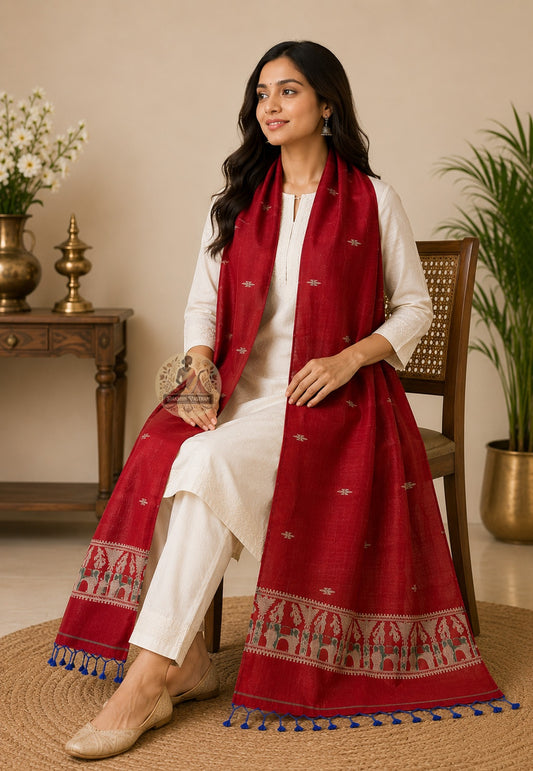 Seated view of crimson red Baluchari pure silk stole – richly woven narrative border with court figures under arched pavilions and royal blue silk tassels, festive ethnic wear