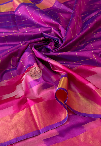 Macro close-up of handwoven motifs on Bishnupur Katan Silk Saree, revealing intricate Bengal folk and temple art patterns woven into the pure mulberry silk — rooted in centuries of craft