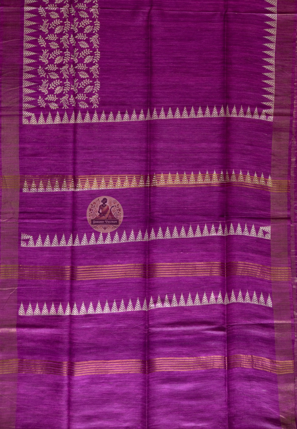 Full view of Ghicha Tussar Silk Saree laid flat showcasing complete handwoven wild forest silk fabric in deep warm natural tone, a meaningful saree for Diwali, Durga Puja, wedding sangeet and every deliberate choice