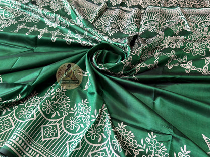 Close-up of Bishnupur hand block print silk saree – intricate Bankura folk art patterns pressed by artisan craftsmen in West Bengal | Dakshin Vastram