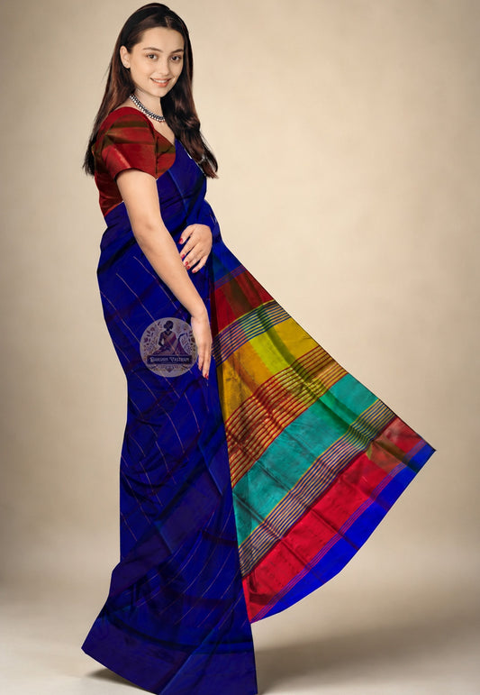 Side view of Bishnupur Katan Silk Saree showing the elegant fall and structured drape, ideal for Durga Puja, Diwali and Bengali wedding celebrations