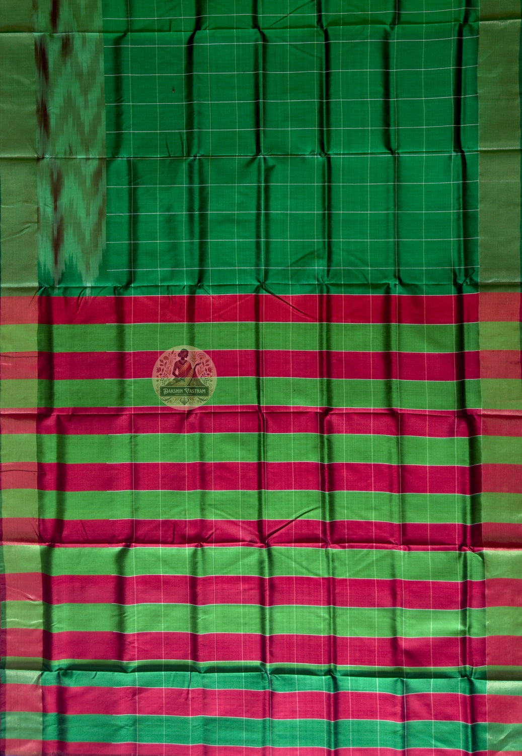 Full flat-lay of Bishnupur Pure Katan Silk Saree showing the complete handloom weave, woven border and richly patterned pallu — authentic Bengal craft from Bishnupur