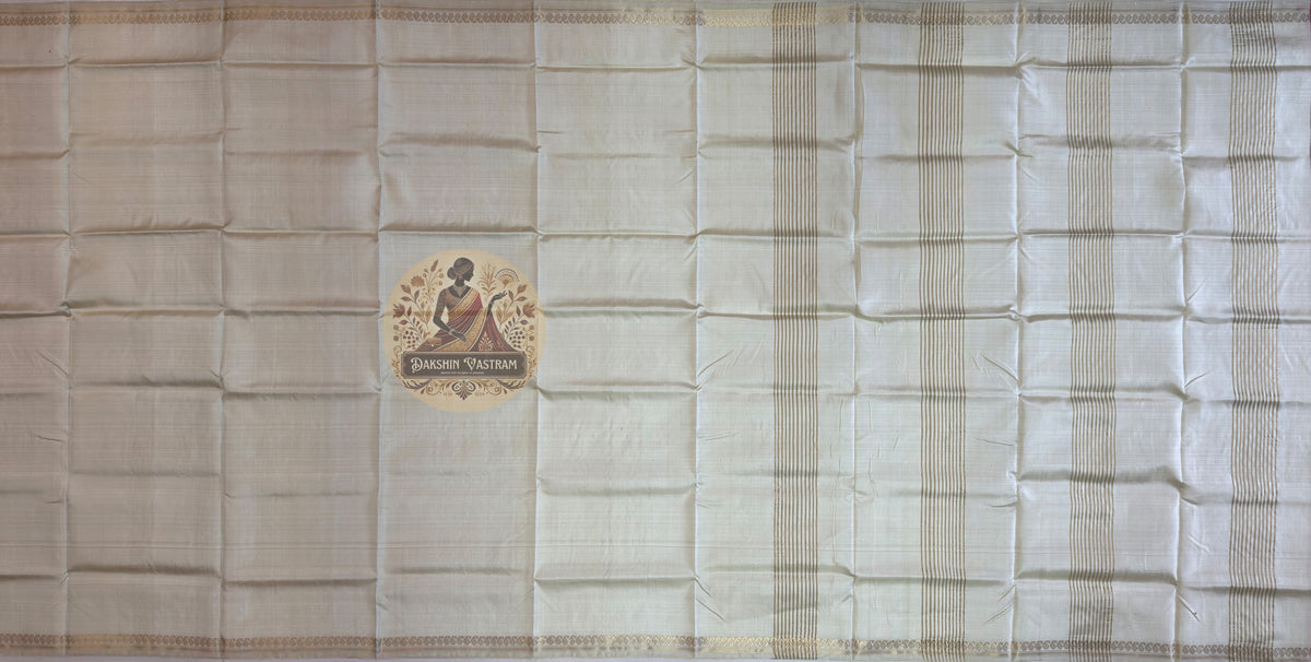 Overhead flat lay of pure silk saree from Bishnupur showing full 6-yard length, pallu detail and woven border
