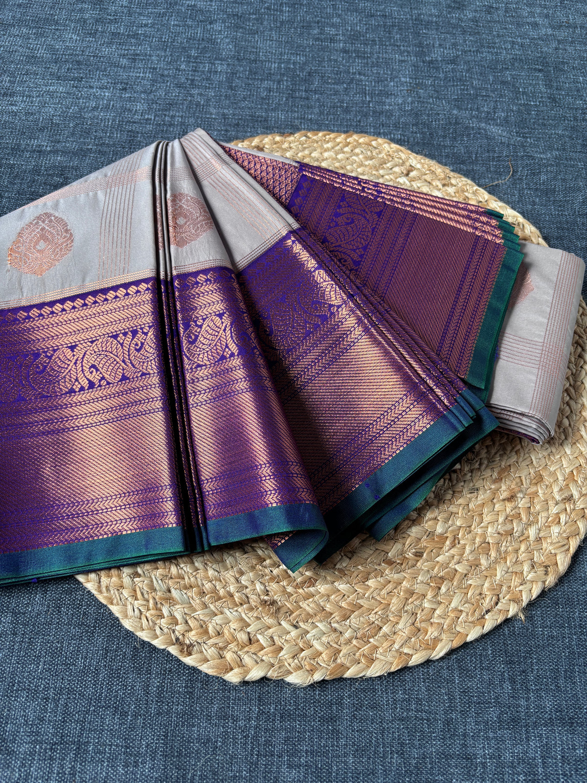 Premium Semi Kanjivaram silk saree flat lay – heirloom quality Indian saree delivered across London & Birmingham
