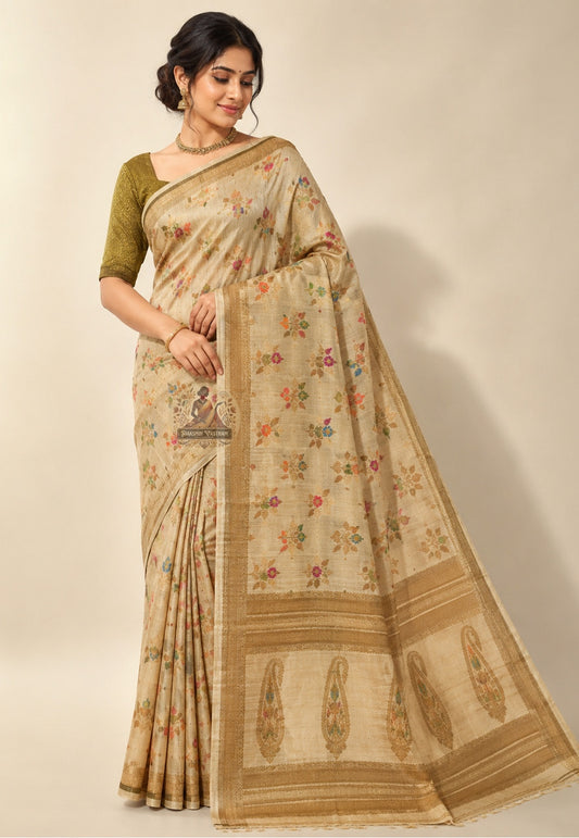 Front view of Banarasi Muga Tussar Saree in natural golden Muga silk with Banarasi zari border, styled for Durga Puja Ashtami and festive celebrations in Kolkata