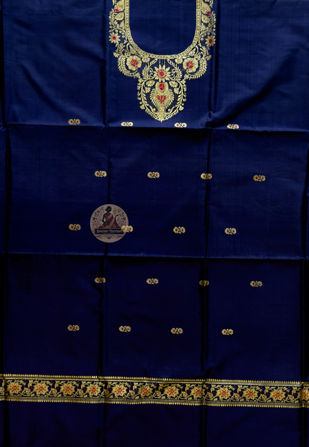 Unstitched handloom Baluchari silk kurti fabric in deep blue with Resham neckline — ideal for Eid and Diwali celebrations