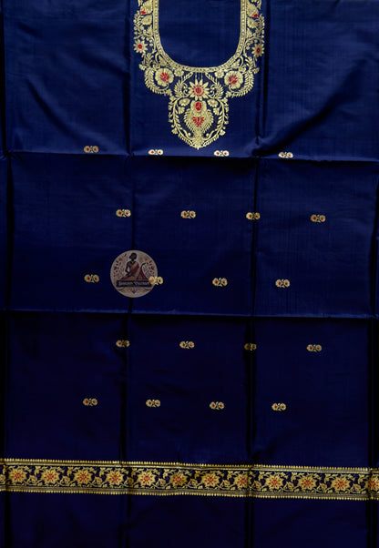Unstitched handloom Baluchari silk kurti fabric in deep blue with Resham neckline — ideal for Eid and Diwali celebrations