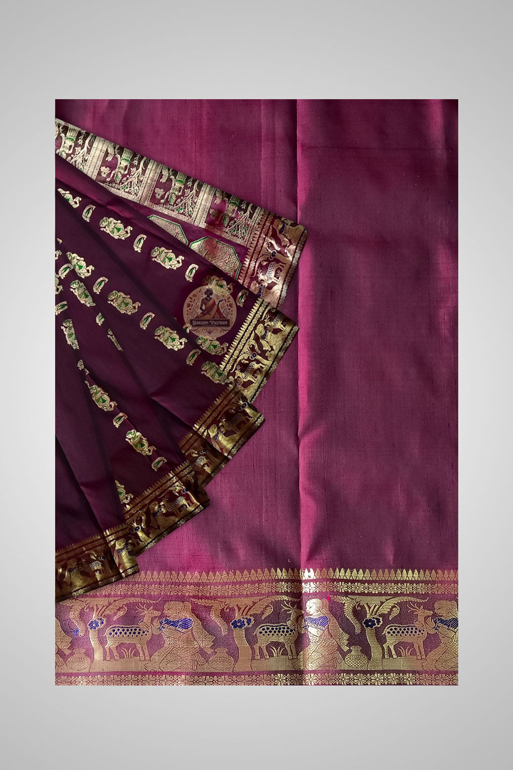 Buy Indian Silk Saree online – Full view of Swarnachari weave and border