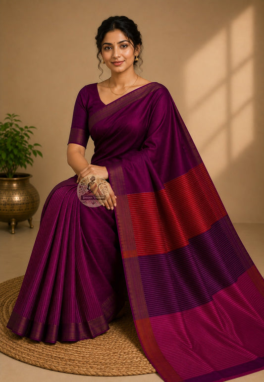 Front view of Bishnupur Pure Katan Silk Saree draped on model, showcasing the structured authoritative drape and handwoven traditional Bengali motifs