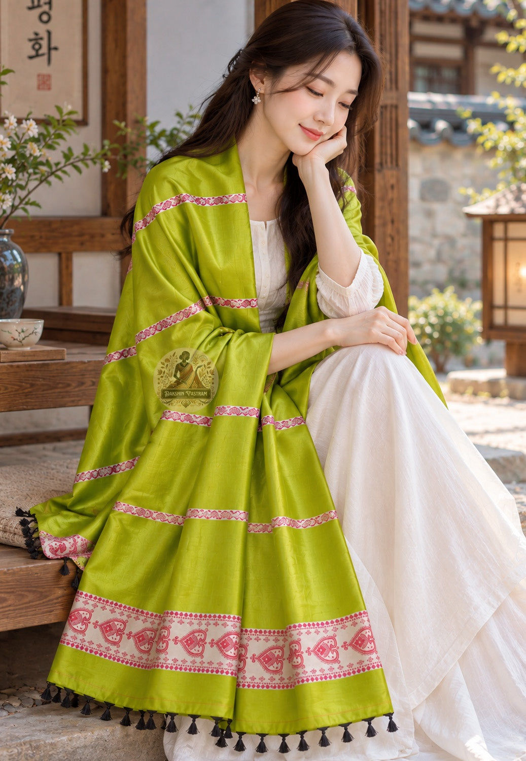 Side view of Bishnupur Baluchari pure silk stole displaying natural silk drape and lustre, ideal gifting piece for Diwali and Indian weddings