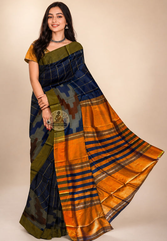 Front view of Bishnupur Pure Katan Silk Saree draped on model, showcasing handwoven Bengal motifs and the quiet, deep glow of pure mulberry silk